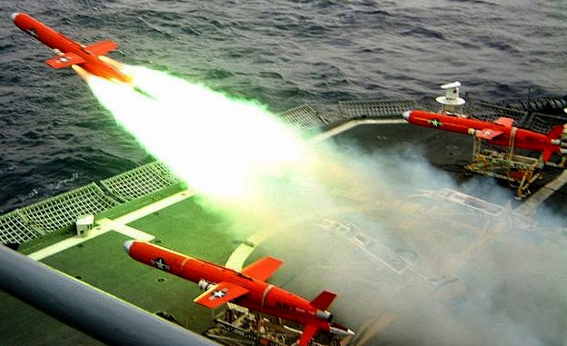 Drone target cruise missiles rocket launching from the deck of a ship