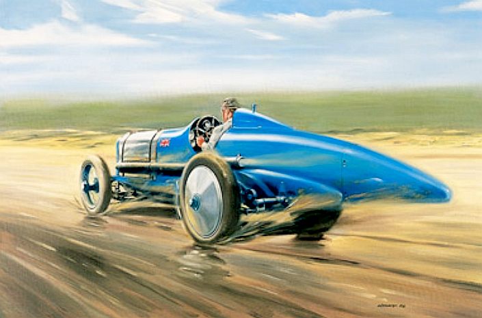 Bluebird at Pendine Sands, a painting of Sir Malcolm racing