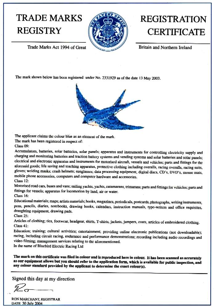 Blue bird in flight trade mark for road cars and parts, electric motors, batteries, battery cartridge exchange and clothing