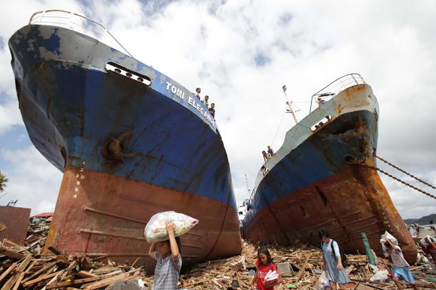Typhoon Haiyan - beached ships after the storms