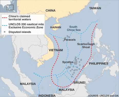Map of the South China Sea showing disputed areas