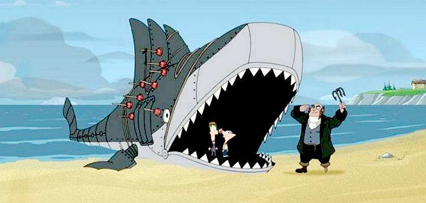 Phineas Ferb and a giant robot whale or shark