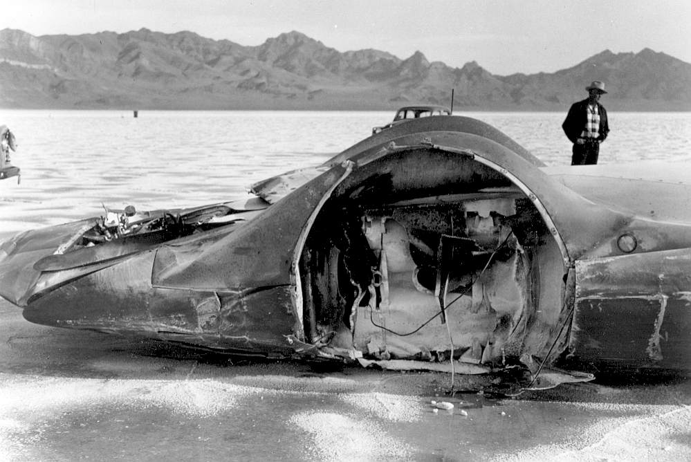 Wreckage of the CN7 Bluebird gas turbine powered car