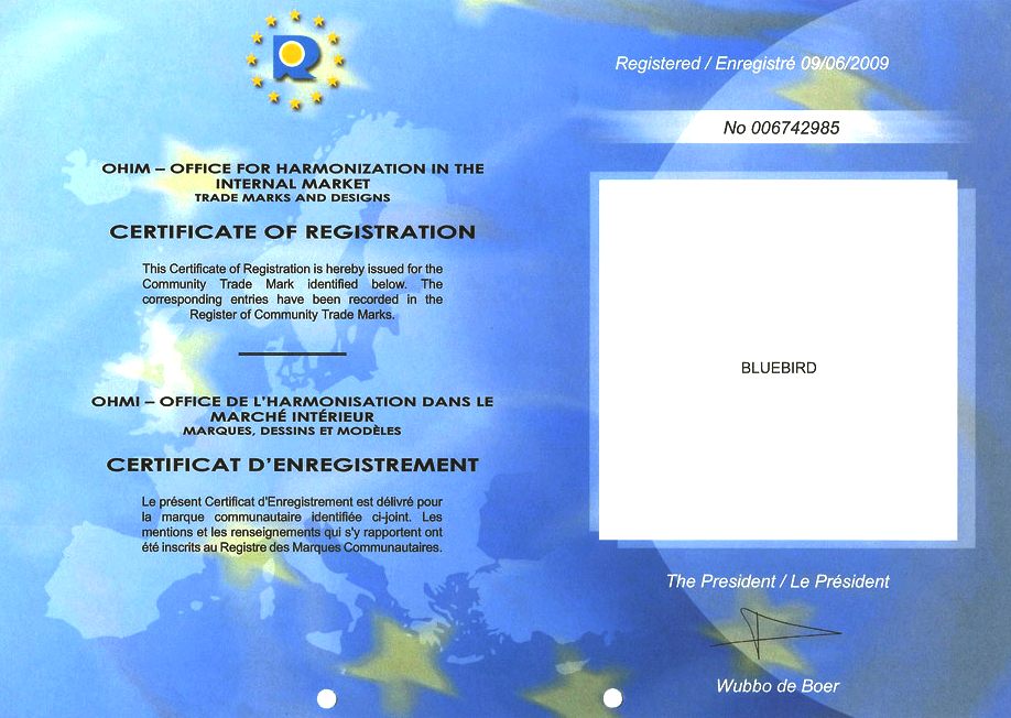 Office for Harmonization certificate number 006742985 Bluebird
