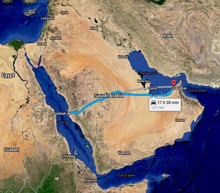 The Arabian Cannonball Run route map using Google