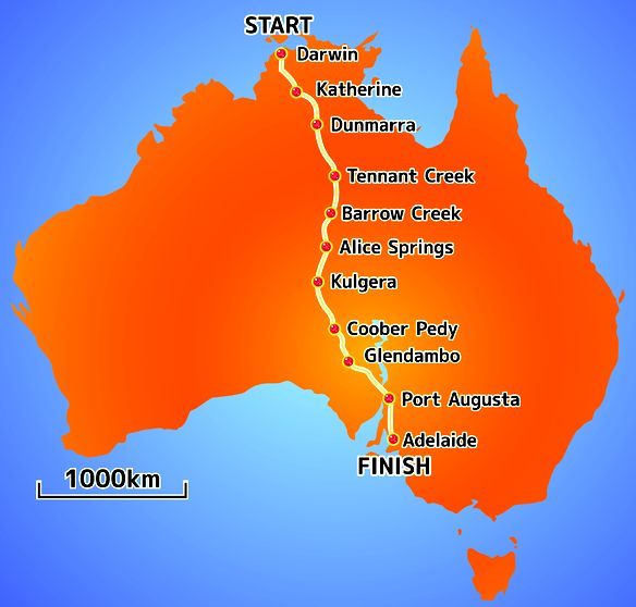 WSC, World Solar Challenge route map - Darwin to Adelaide