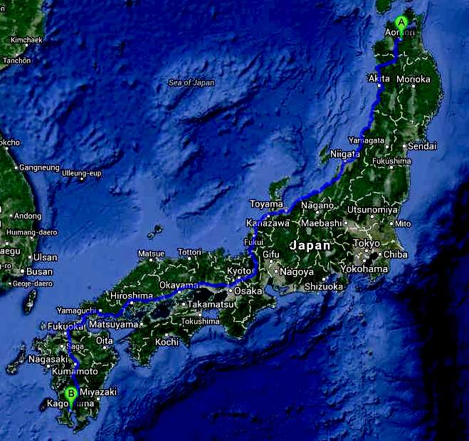 Trans Japan international Cannonball EV route map