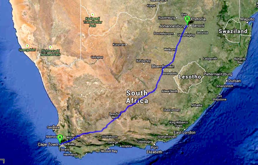 Trans South Africa Cannonball EV Run route map