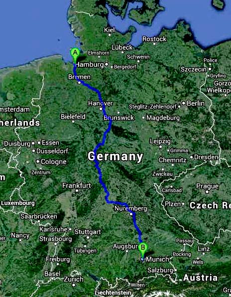 Cannonball ZEV internationa run series official route mapL Bremerhaven to Munich