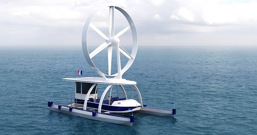 The Archinaute is a rotary sail or wind turbine powered catamaran