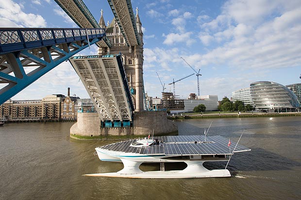 World's largest solar boat , River Thames and Tower Bridge
