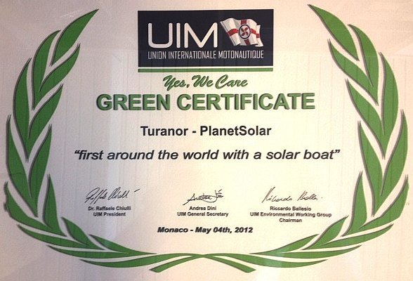 UIM Union International Motornautique, Green Certificate, Turanor PlanetSolar