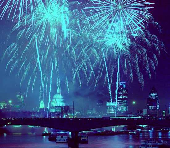 London, England, New Year fireworks celebrations event