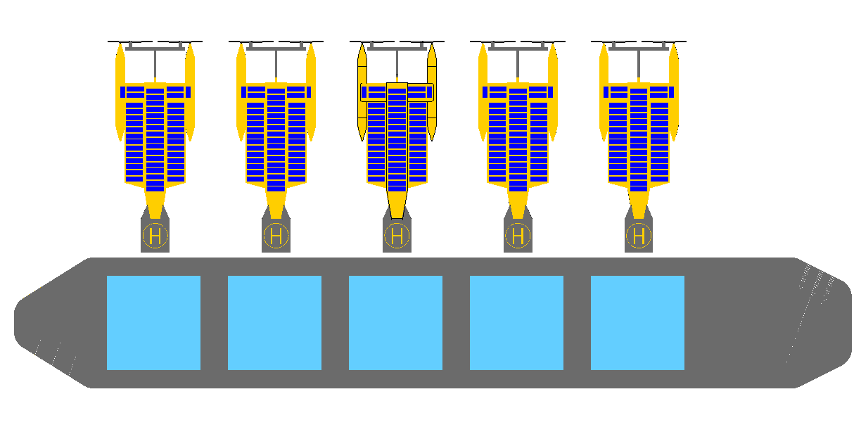 Handysize bulk carrier ship docking at sea with five SeaVax ocean cleaning robots