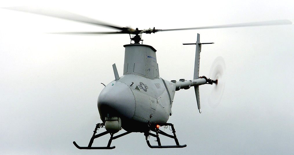 A Navy RQ-8A drone helicopter viewed from the front