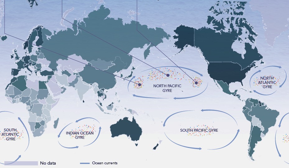 World map showing the five great ocean garbage patches
