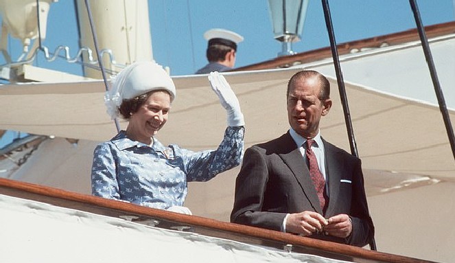 Happy Queen Elizabeth and Prince Philip disembarking Royal Yacht Britannia