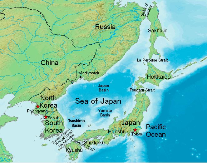 The Sea of Japan, map in relation to Korea, China, Russia and the Pacific Ocean