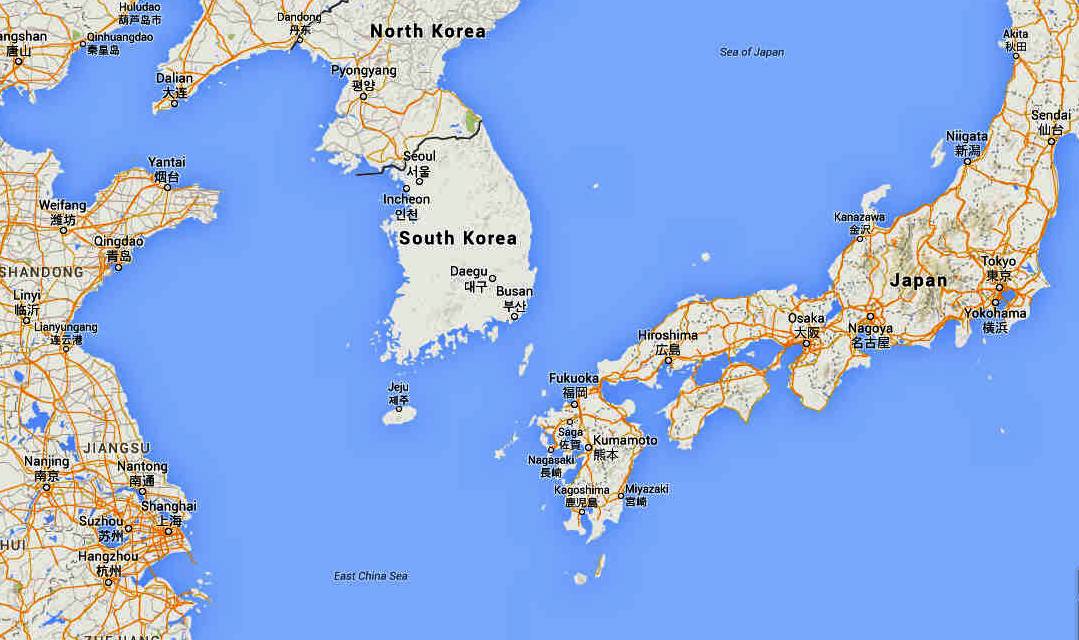 Map of South Korea (Strait) and Japan