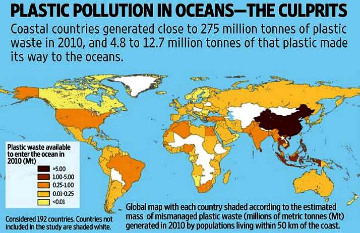 World map showing plastic ocean pollution culprits