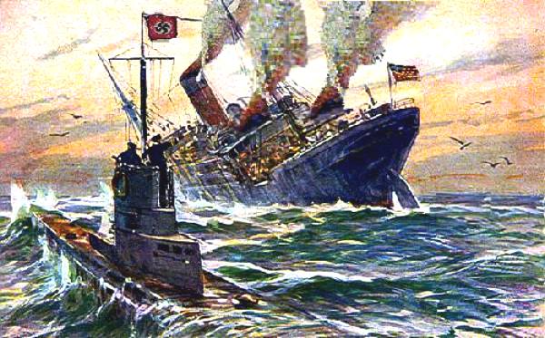 German U boat U20 surfaces after firing the torpedo that sunk the Lusitania